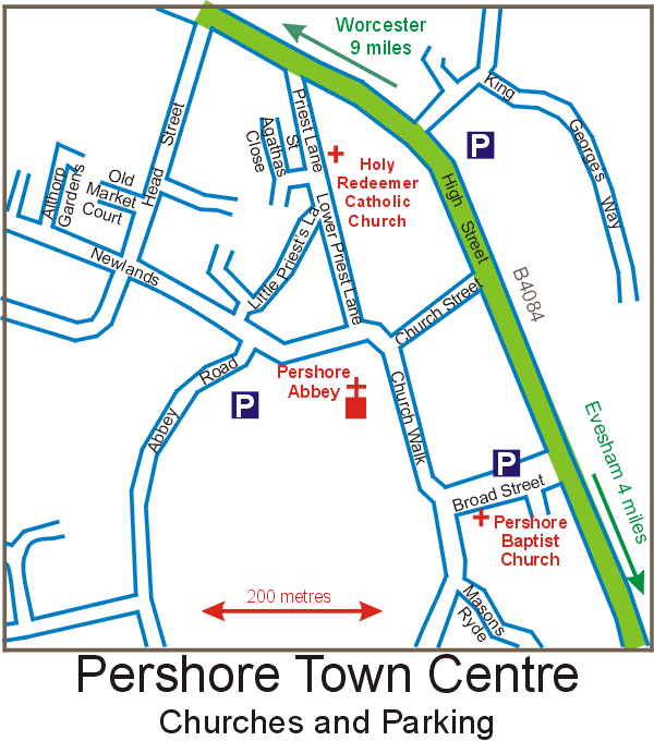 Map of Pershore showing location of the churches